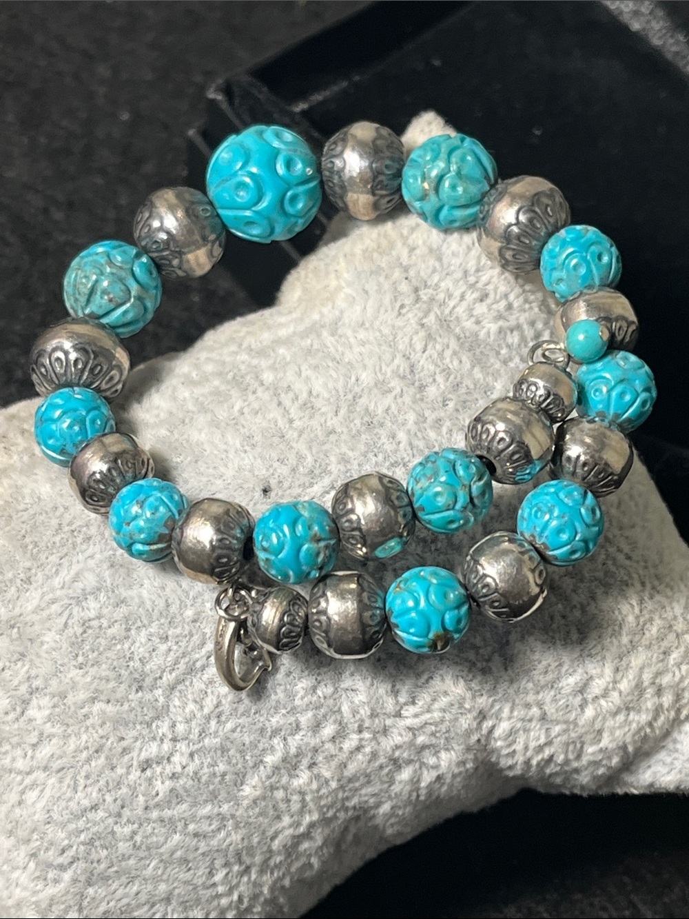Sterling Silver & Carved Turquoise Bead Memory Wire Bracelet by Carolyn Pollack